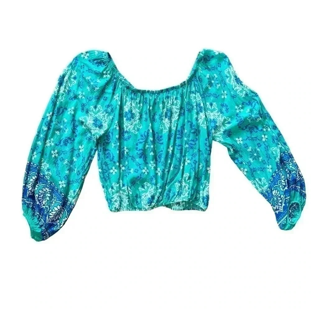 Flying tomato off shoulders Womens Medium Top Teal Blue Floral Elastic Waist - Picture 2 of 8